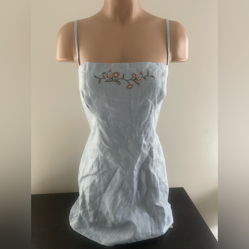 NWT Reformation Tovianna Linen Mini Dress Sz 4 in Mineral Blue